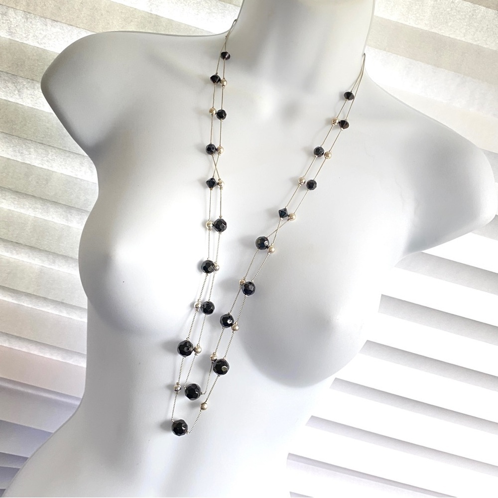 Double Strand Black Glass Beads Silver Long Layered Necklace